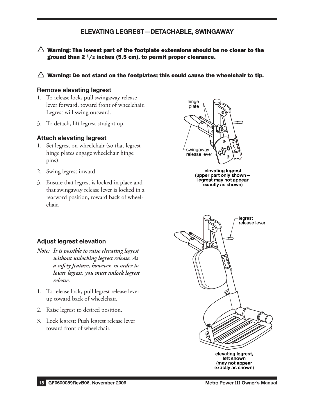 E&J GF0600059REVB06 manual Attach elevating legrest, Adjust legrest elevation 