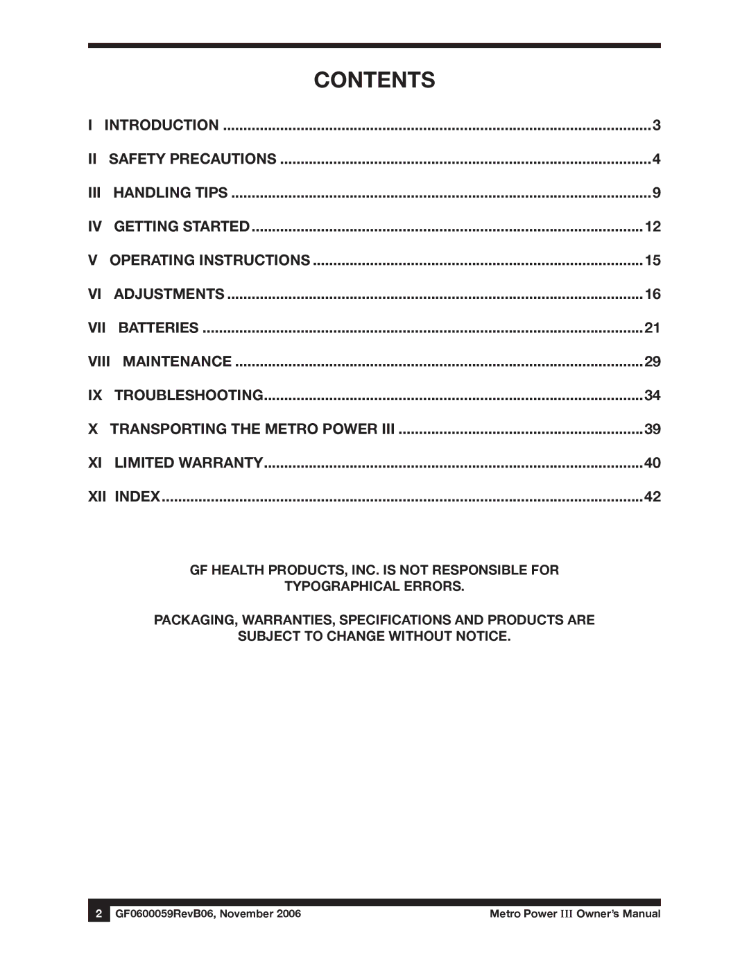 E&J GF0600059REVB06 manual Contents 