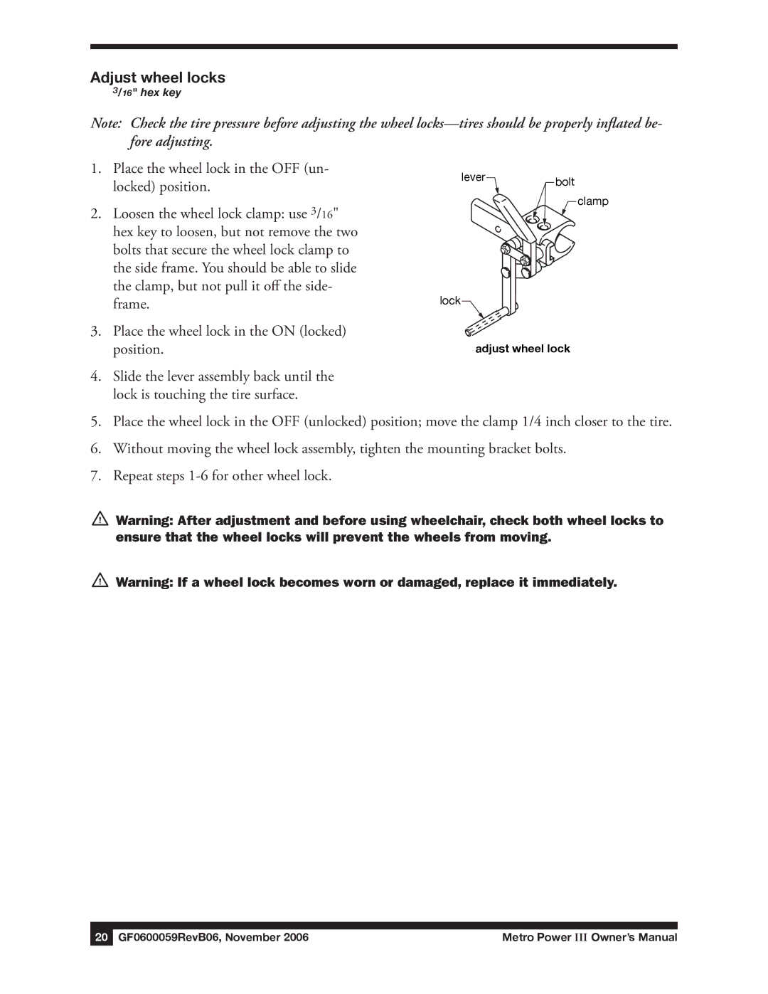 E&J GF0600059REVB06 manual Adjust wheel locks 