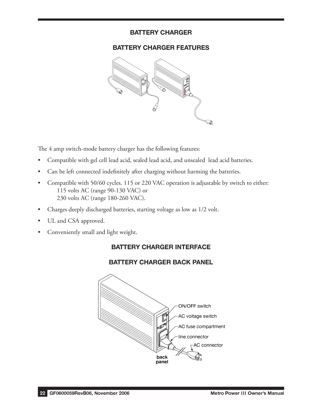 E&J GF0600059REVB06 manual Battery Charger Battery Charger Features, Battery Charger Interface Battery charger back panel 