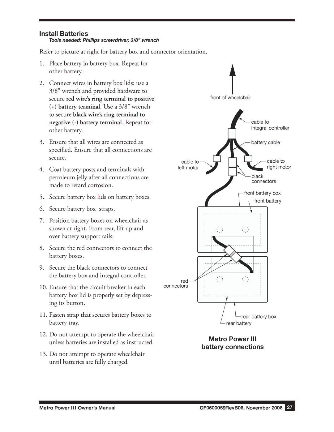 E&J GF0600059REVB06 manual Install Batteries, Metro Power Battery connections 