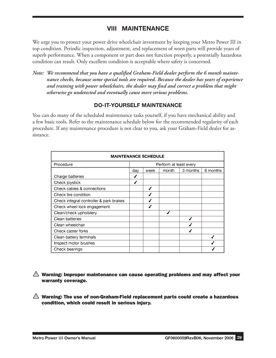 E&J GF0600059REVB06 manual Viii Maintenance, Do-it-yourself Maintenance 