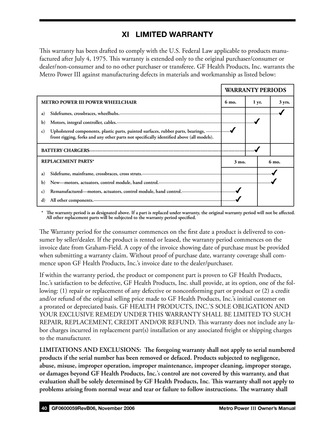 E&J GF0600059REVB06 manual XI Limited Warranty, Warranty Periods 