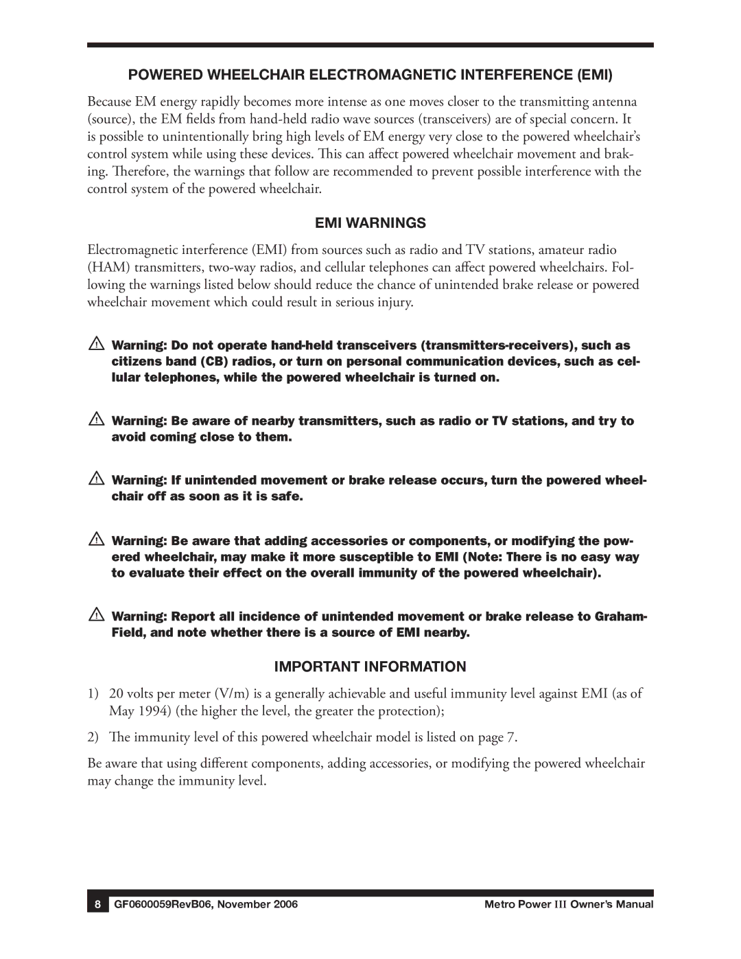 E&J GF0600059REVB06 manual Powered Wheelchair Electromagnetic Interference EMI, EMI Warnings, Important Information 