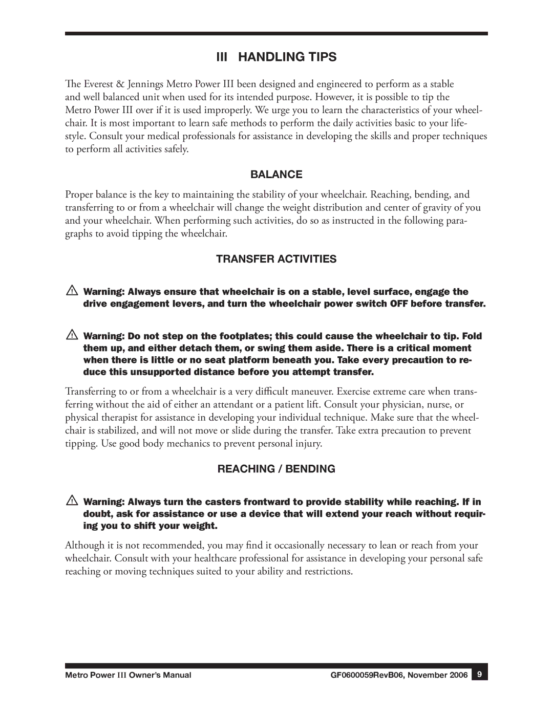 E&J GF0600059REVB06 manual III Handling Tips, Balance 