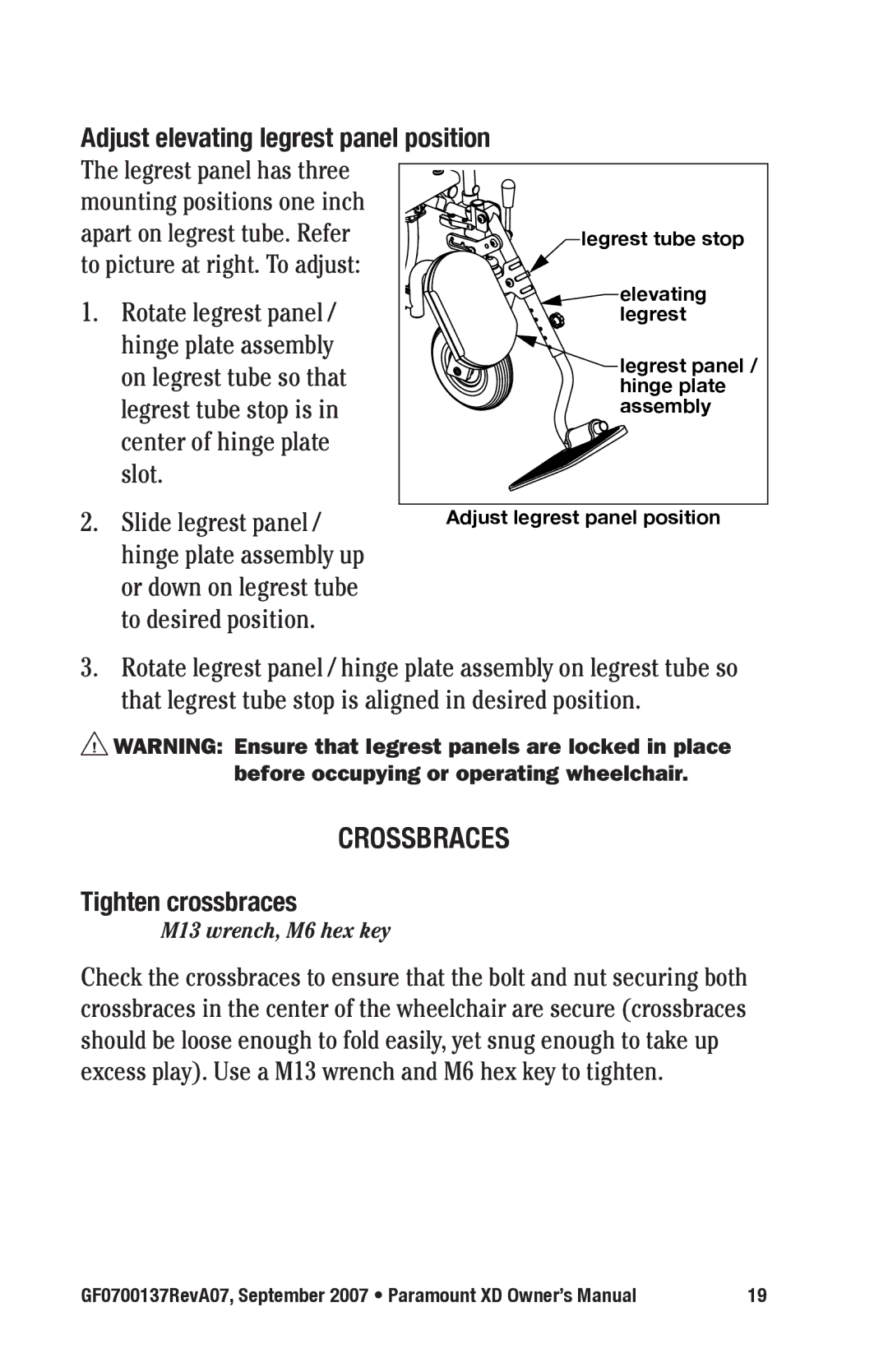 E&J GF0700137RevA07 manual Crossbraces, Adjust elevating legrest panel position, Tighten crossbraces 