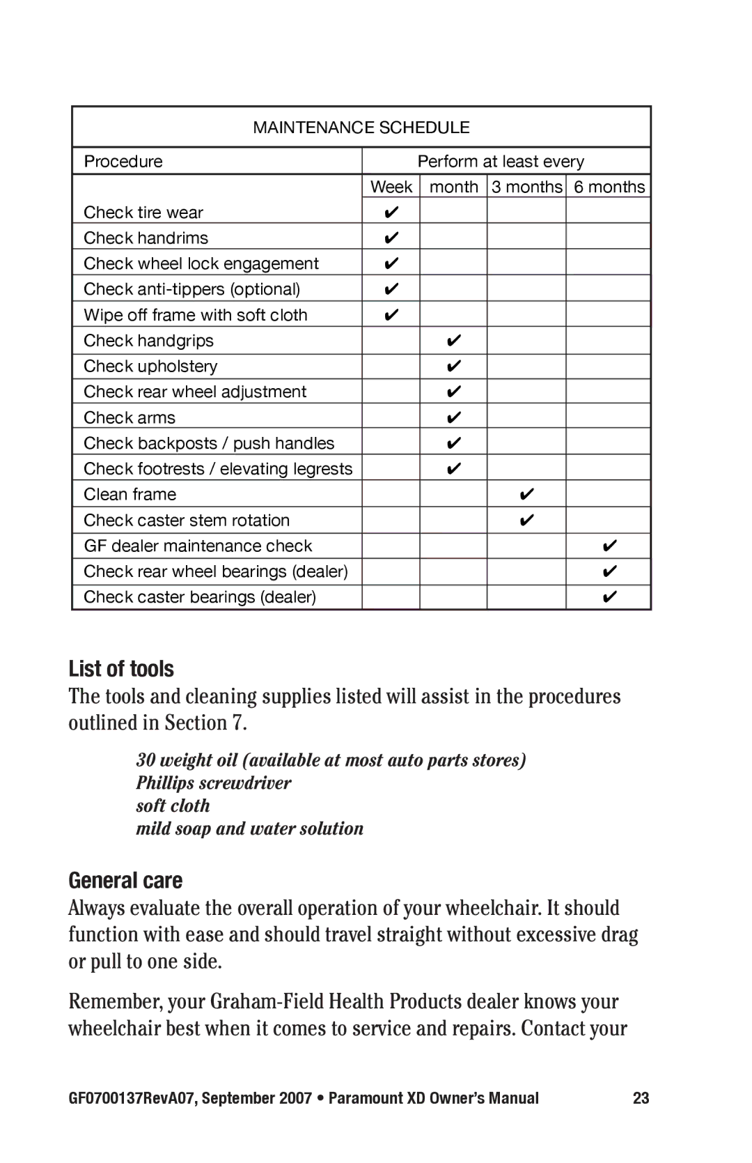 E&J GF0700137RevA07 manual List of tools, General care 