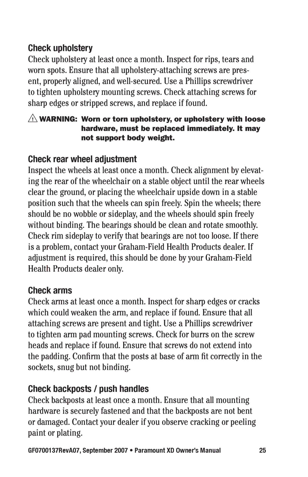 E&J GF0700137RevA07 manual Check upholstery, Check rear wheel adjustment, Check arms, Check backposts / push handles 