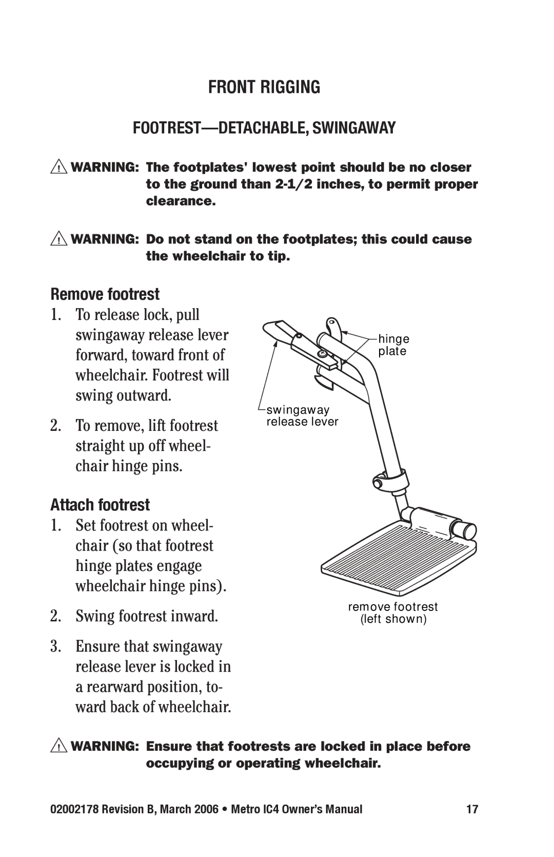 E&J IC4 manual Front Rigging, Footrest-detachable, swingaway Remove footrest, Attach footrest 