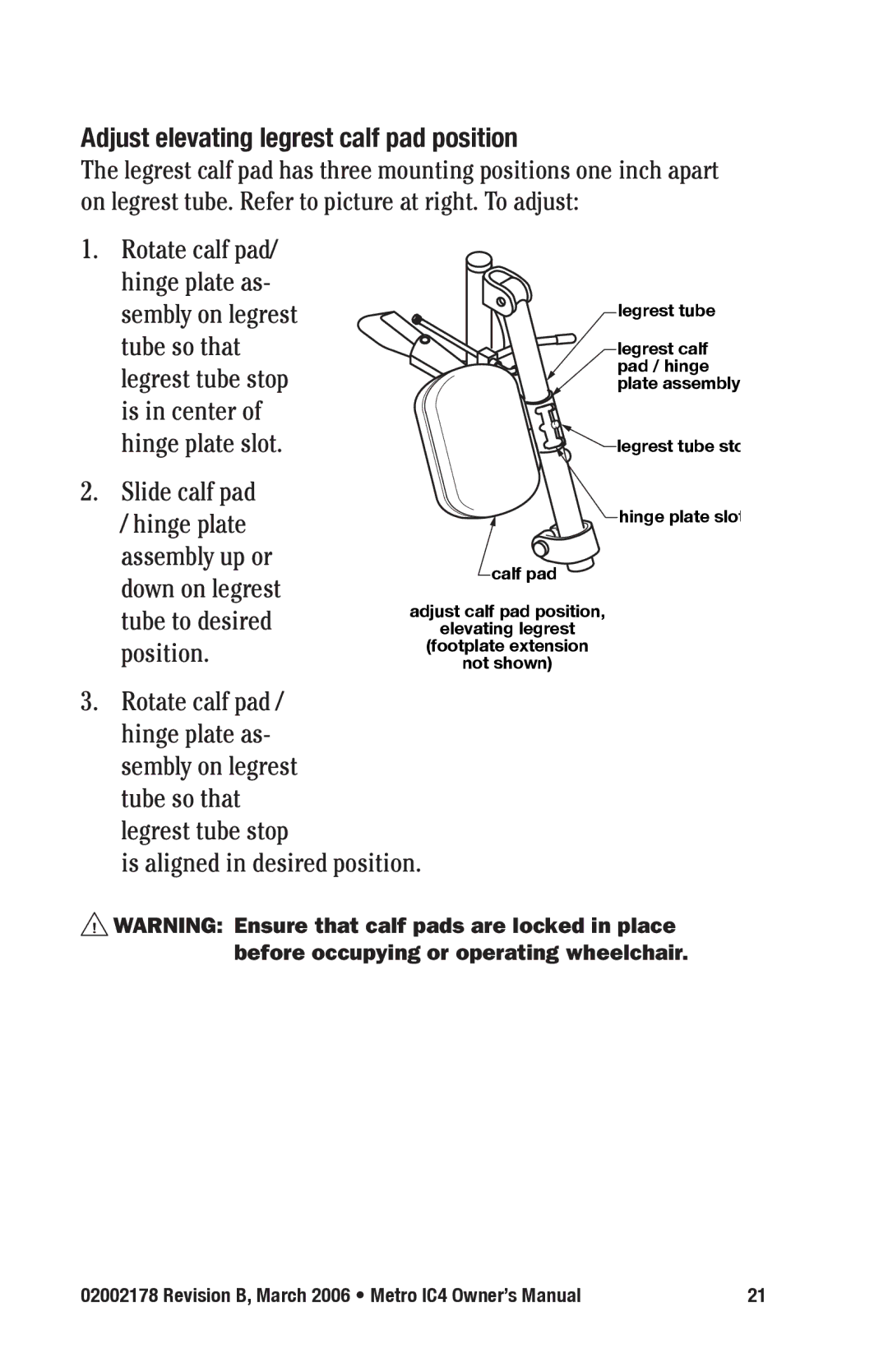 E&J IC4 manual Adjust elevating legrest calf pad position 