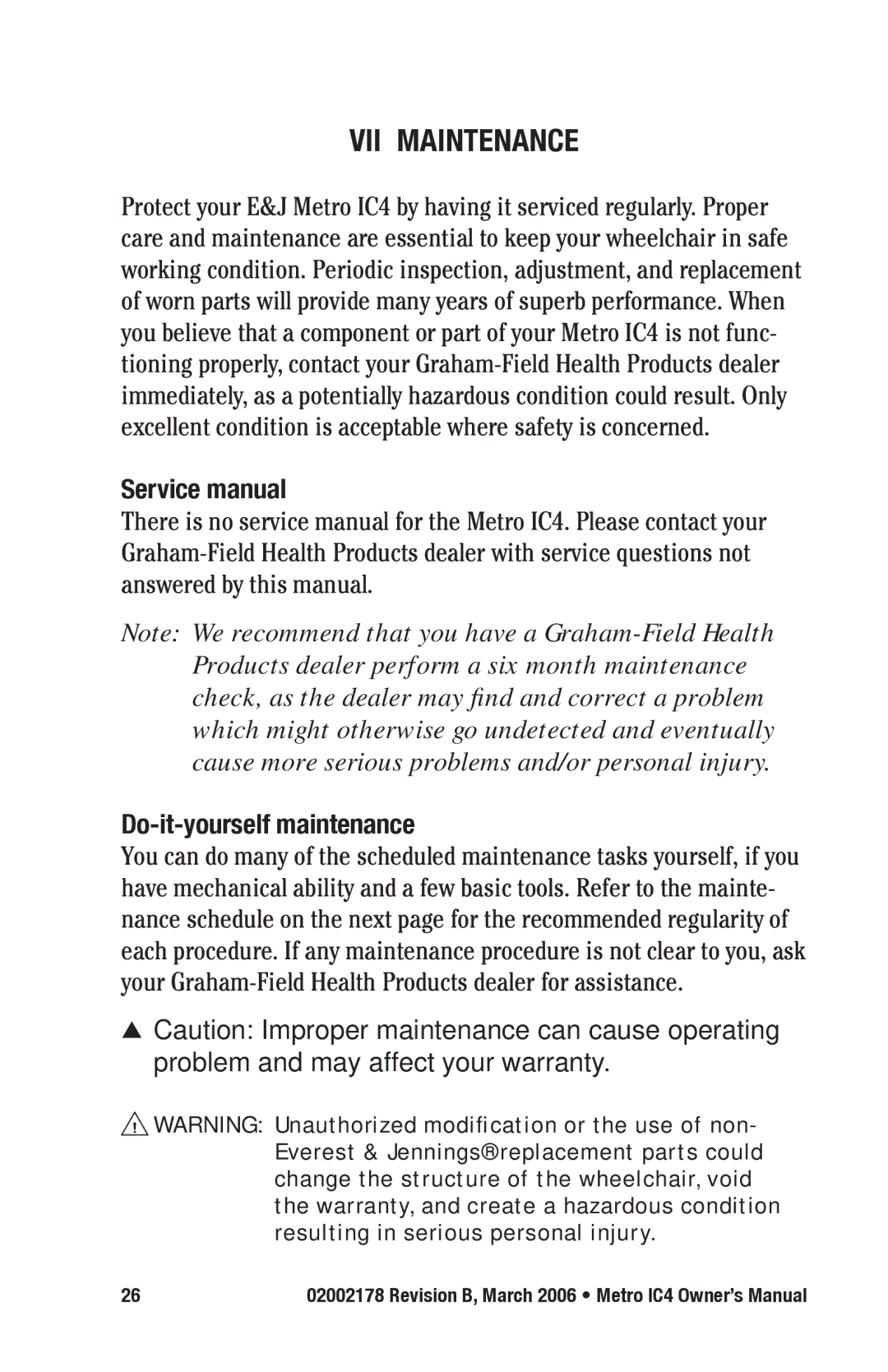 E&J IC4 manual VII Maintenance, Do-it-yourself maintenance 