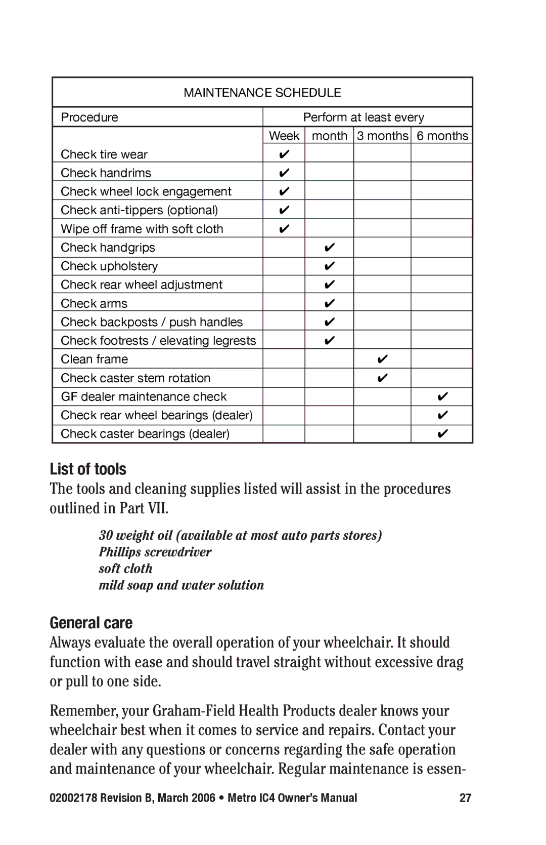 E&J IC4 manual List of tools, General care 