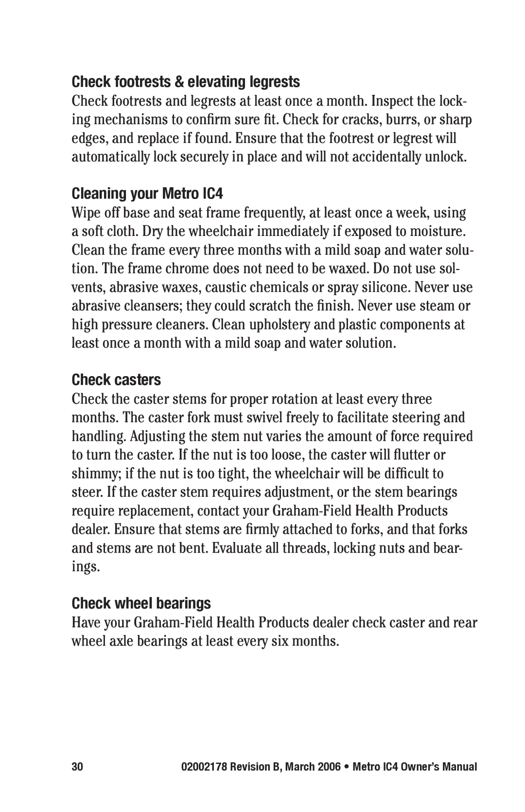 E&J manual Check footrests & elevating legrests, Cleaning your Metro IC4, Check casters, Check wheel bearings 