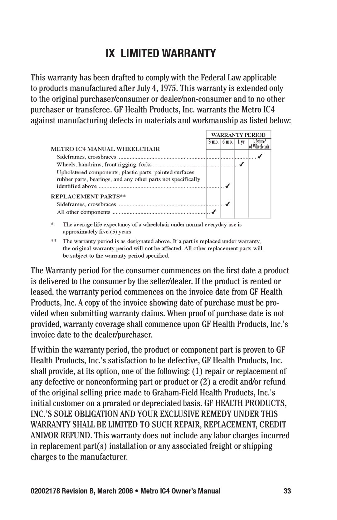E&J manual IX Limited warranty, Metro IC4 Manual Wheelchair 