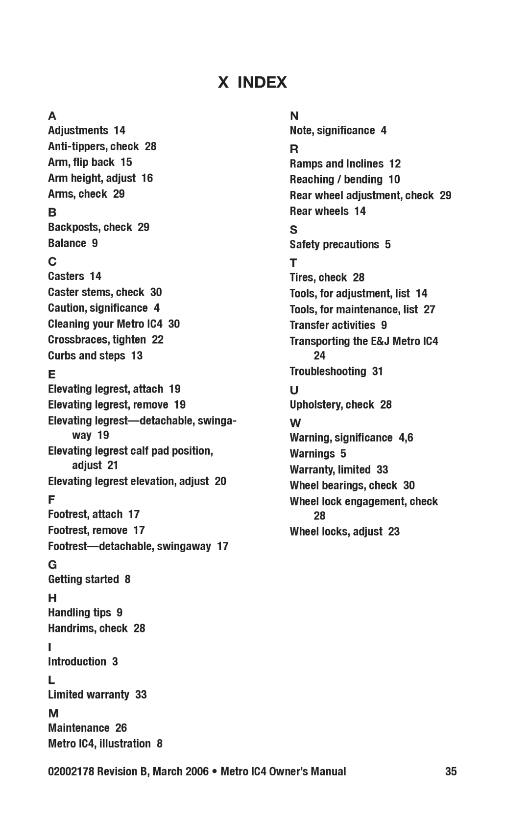 E&J IC4 manual Index, Tools, for adjustment, list 