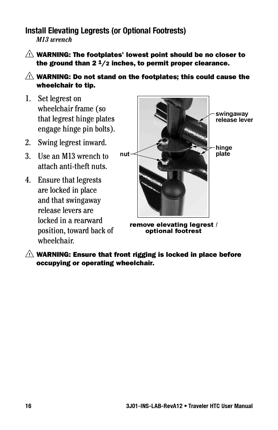 E&J Traveler HTC manual Install elevating Legrests or optional footrests 