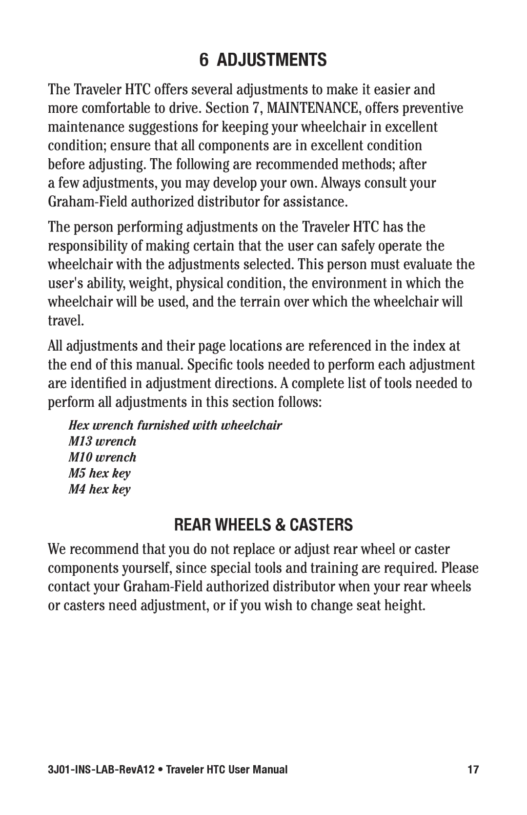 E&J Traveler HTC manual AdJUSTMeNTS, ReAR wHeeLS & CASTeRS 