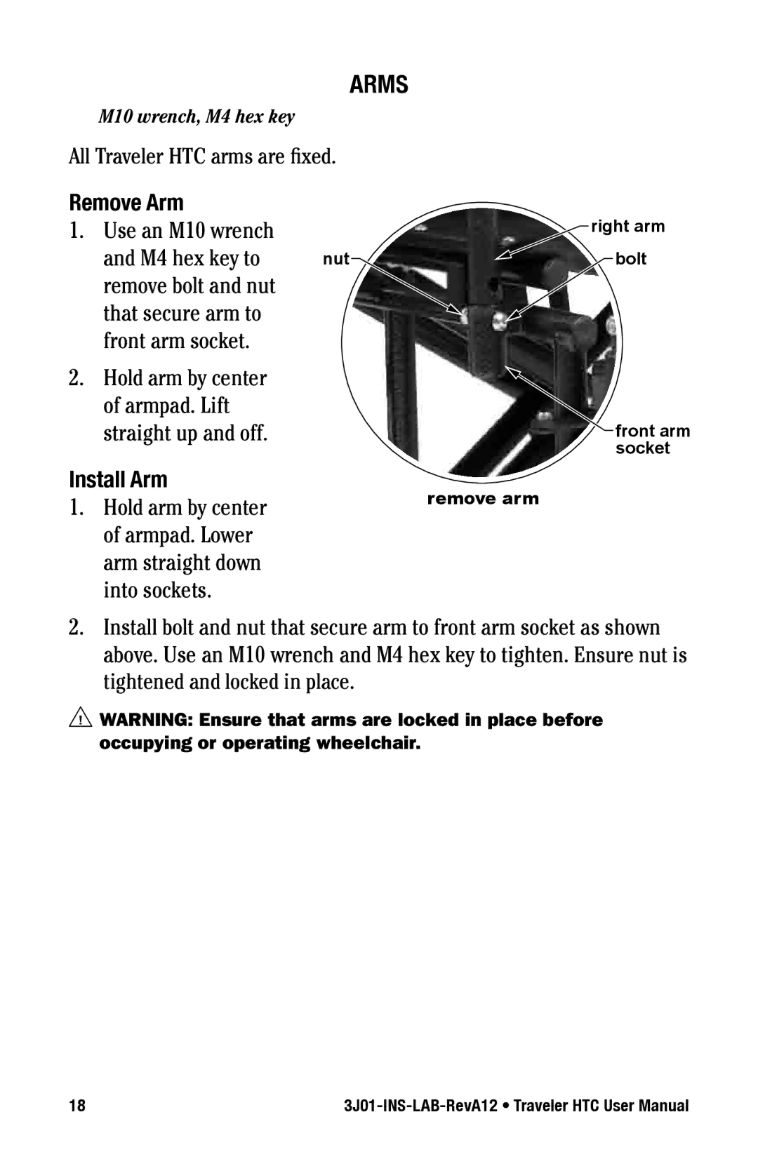 E&J Traveler HTC manual Remove Arm, Install Arm 