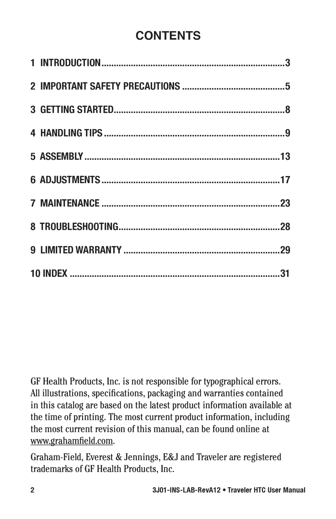 E&J Traveler HTC manual Contents 