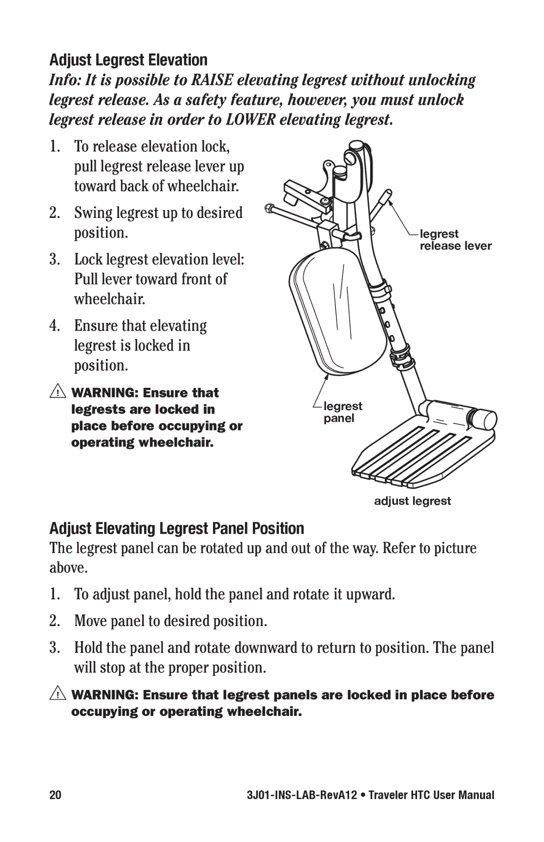 E&J Traveler HTC manual Adjust Legrest elevation, Adjust elevating Legrest panel position 