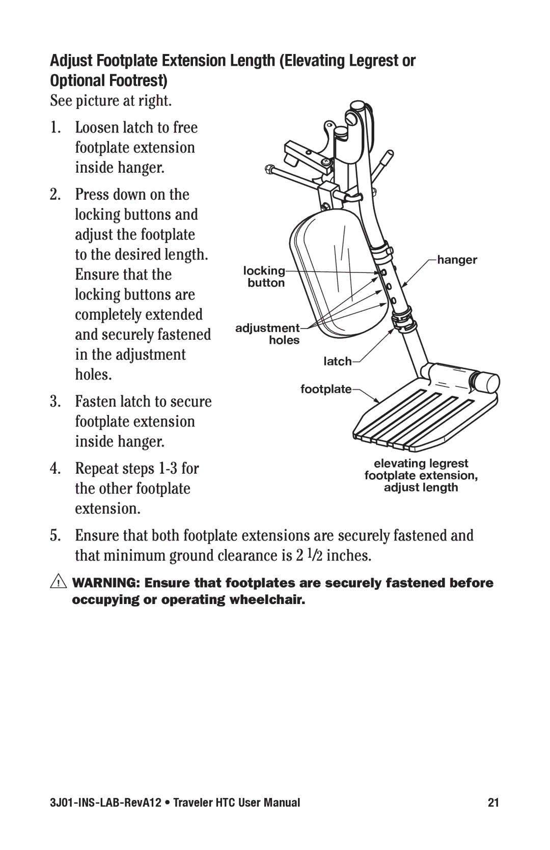 E&J Traveler HTC manual Repeat steps 1-3 for the other footplate extension 