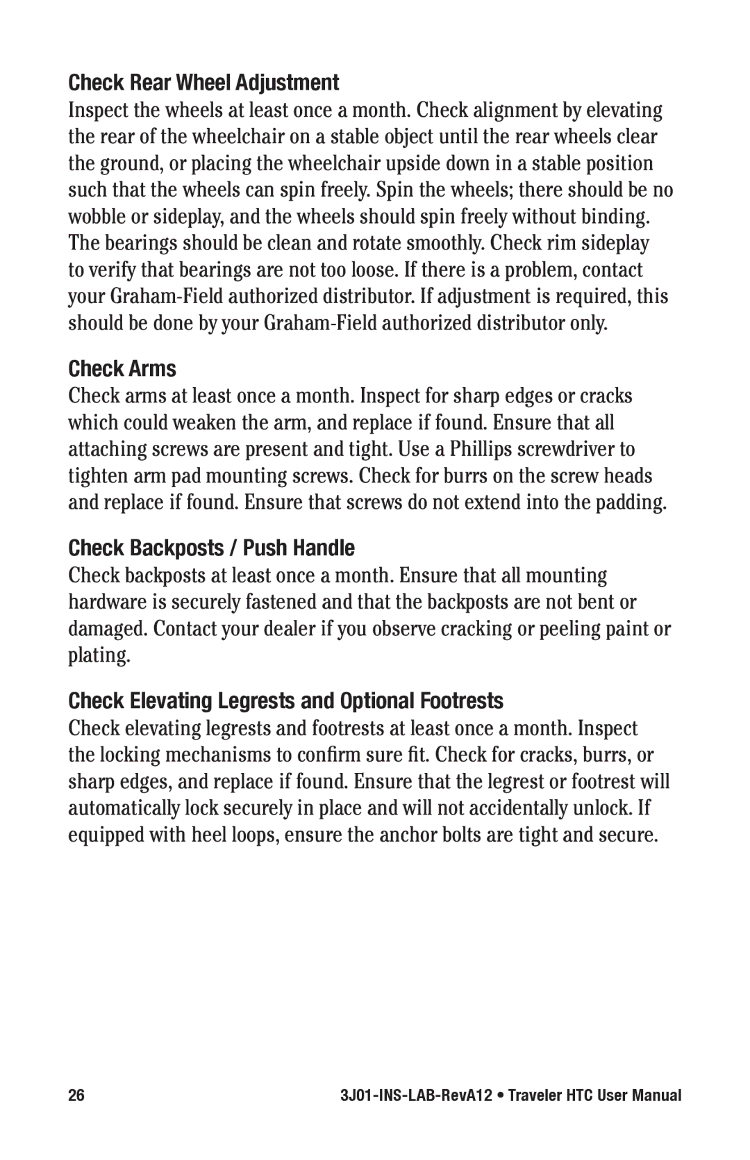 E&J Traveler HTC manual Check Rear wheel Adjustment, Check Arms, Check Backposts / push Handle 