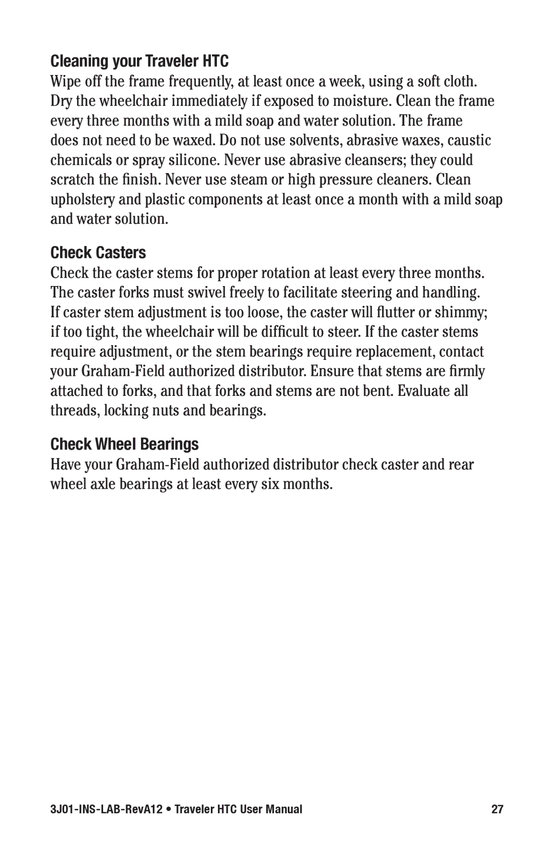 E&J manual Cleaning your Traveler HTC, Check Casters, Check wheel Bearings 