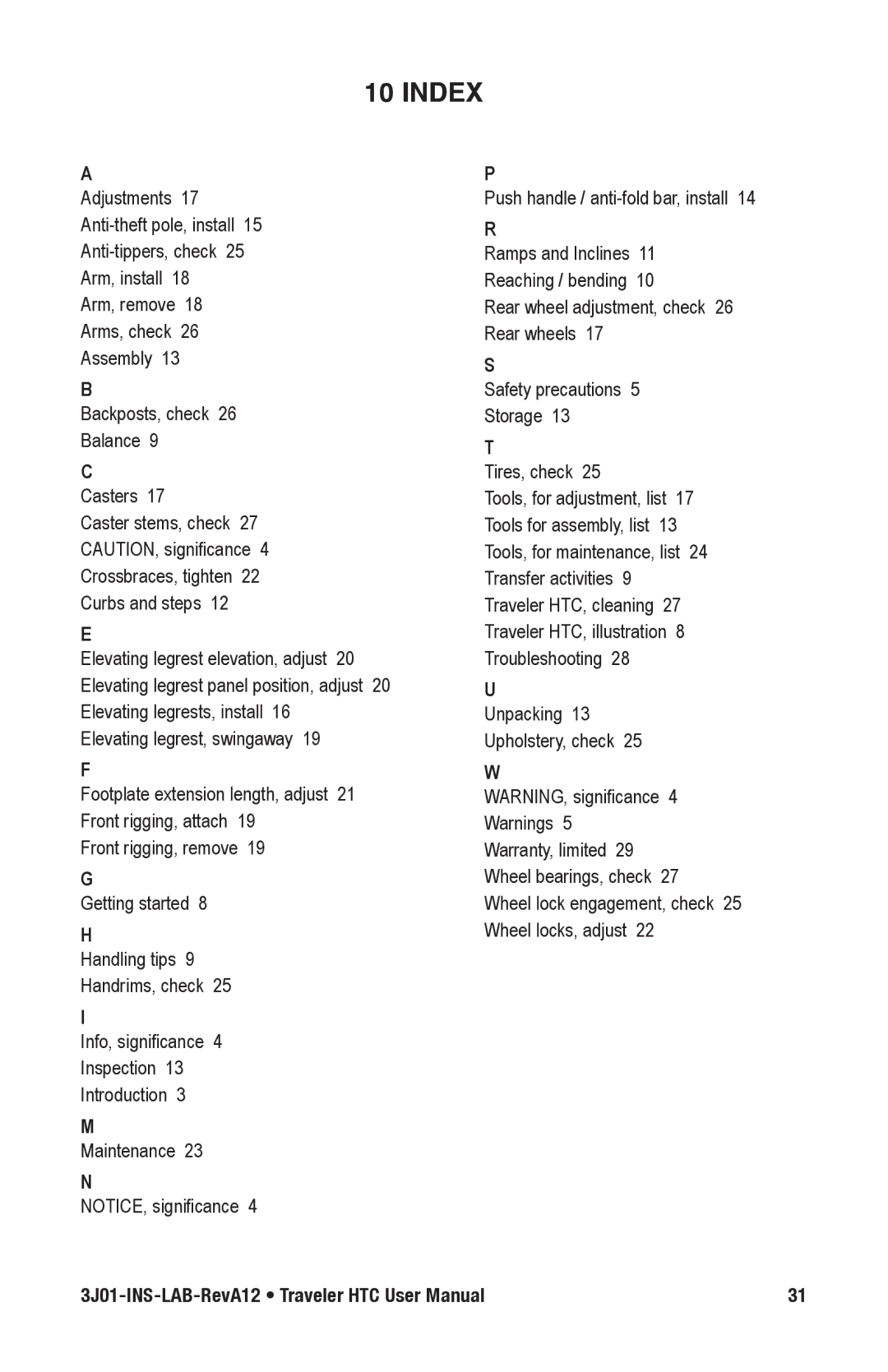 E&J Traveler HTC manual Index 