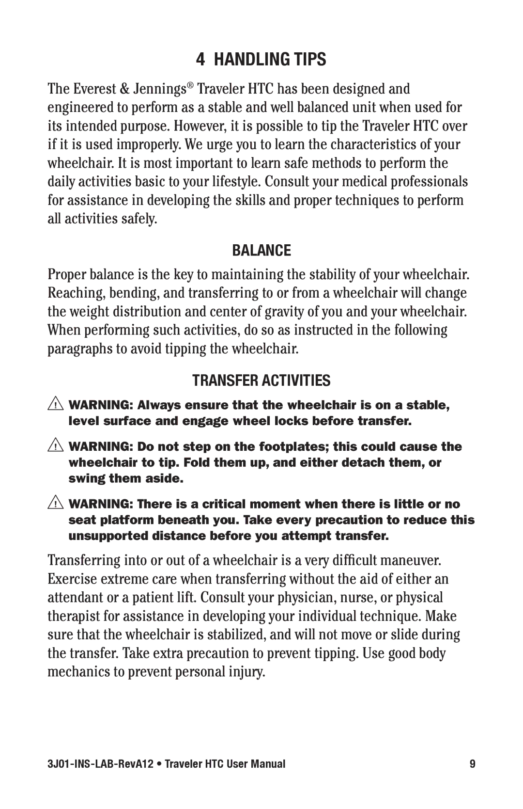 E&J Traveler HTC manual HANdLING TIpS, BALANCe, TRANSfeR ACTIvITIeS 