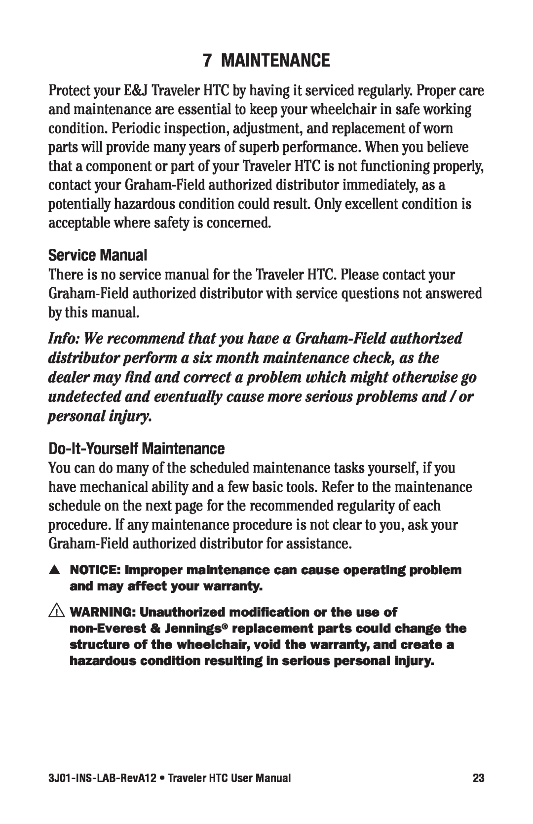 E&J Traveler HTC manual MAINTeNANCe, Service Manual, do-It-yourself Maintenance 