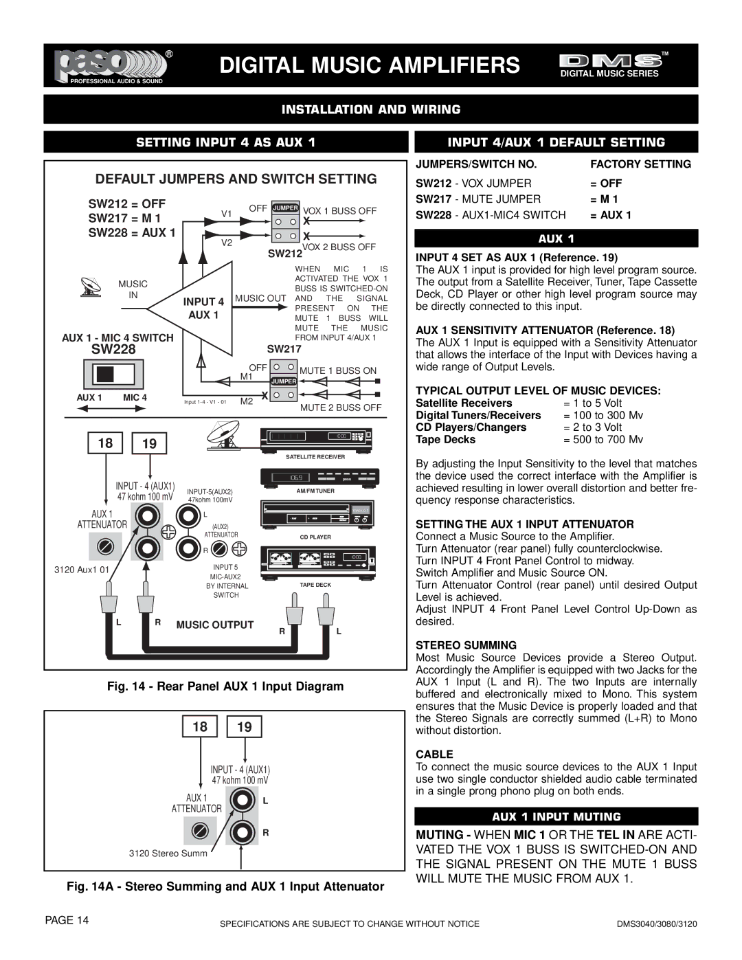 El Paso Chile Company DMS 3040-40, OM163 Installation and Wiring Setting Input 4 AS AUX, Input 4/AUX 1 Default Setting 