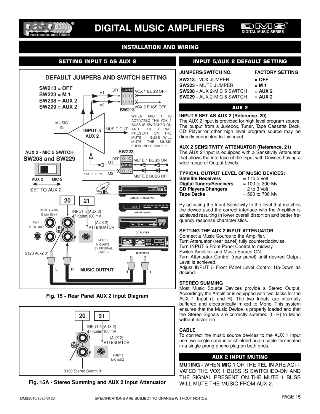 El Paso Chile Company OM163, DMS 3120-120 Installation and Wiring Setting Input 5 AS AUX, Input 5/AUX 2 Default Setting 