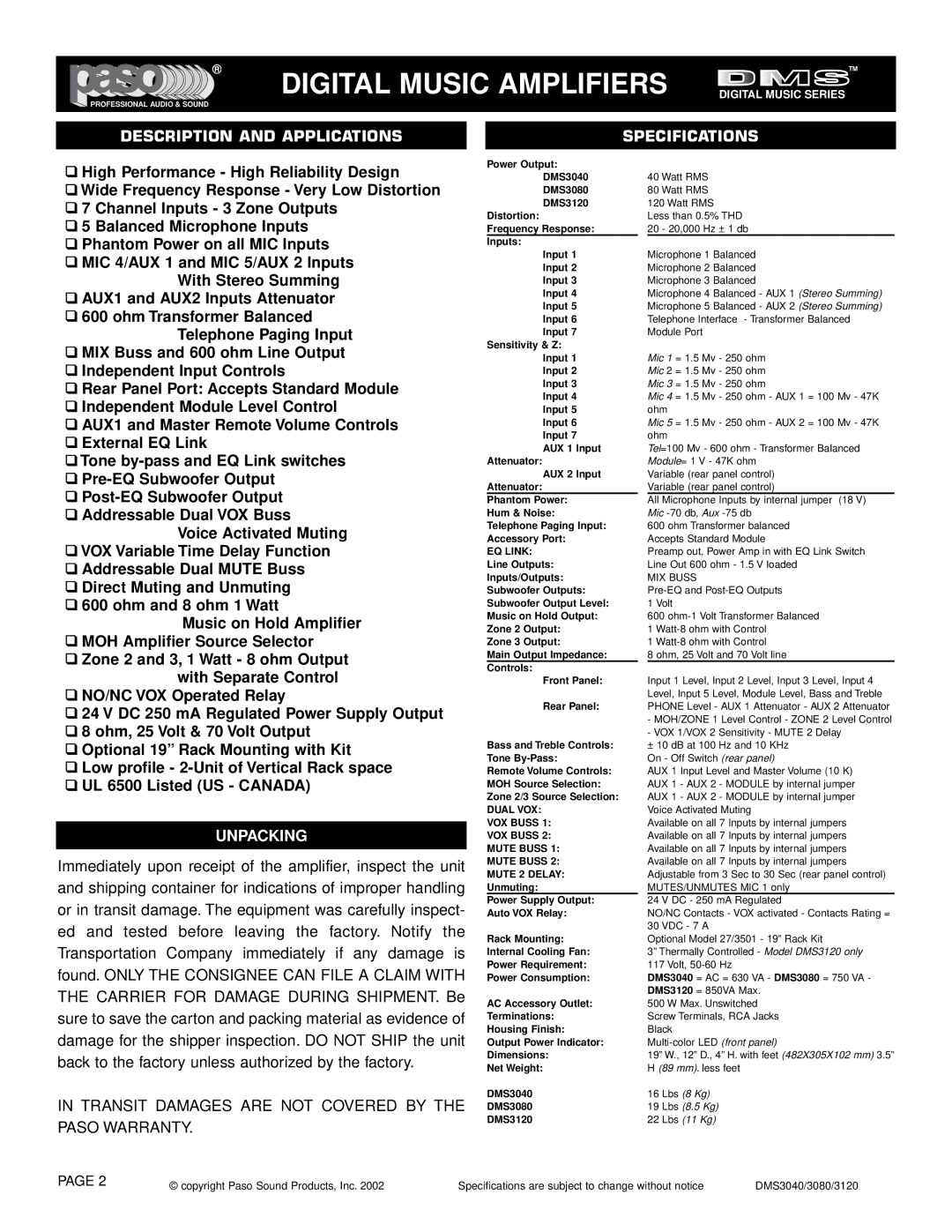 El Paso Chile Company DMS 3040-40, DMS 3120-120, DMS 3080-80, OM163 manual Digital Music Amplifiers Digital Music Series 