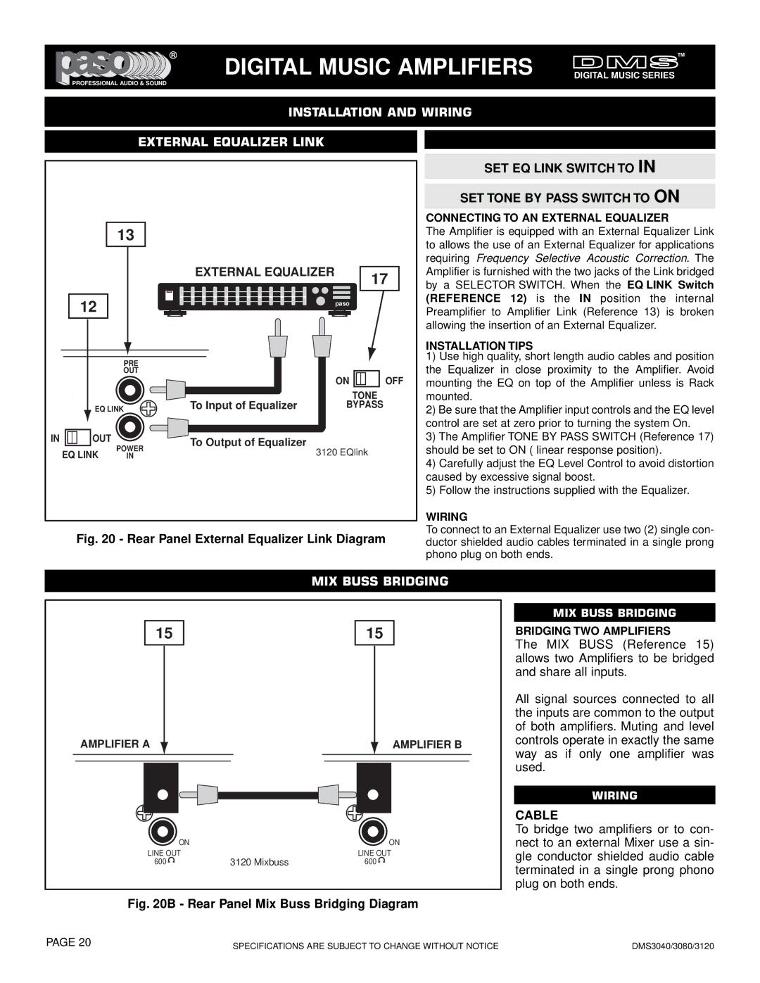 El Paso Chile Company DMS 3120-120, DMS 3080-80 Installation and Wiring External Equalizer Link, MIX Buss Bridging, Cable 