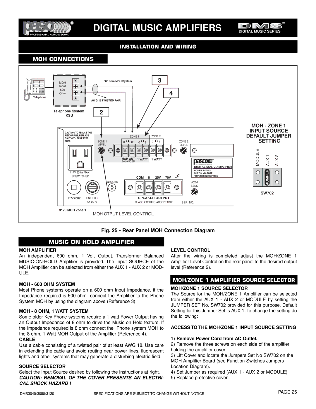 El Paso Chile Company DMS 3080-80, OM163 MOH Connections, Music on Hold Amplifier, MOH/ZONE 1 Amplifier Source Selector 