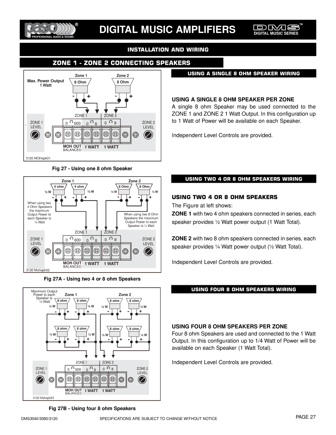 El Paso Chile Company OM163, DMS 3120-120 manual Zone 1 Zone 2 Connecting Speakers, Using a Single 8 OHM Speaker PER Zone 