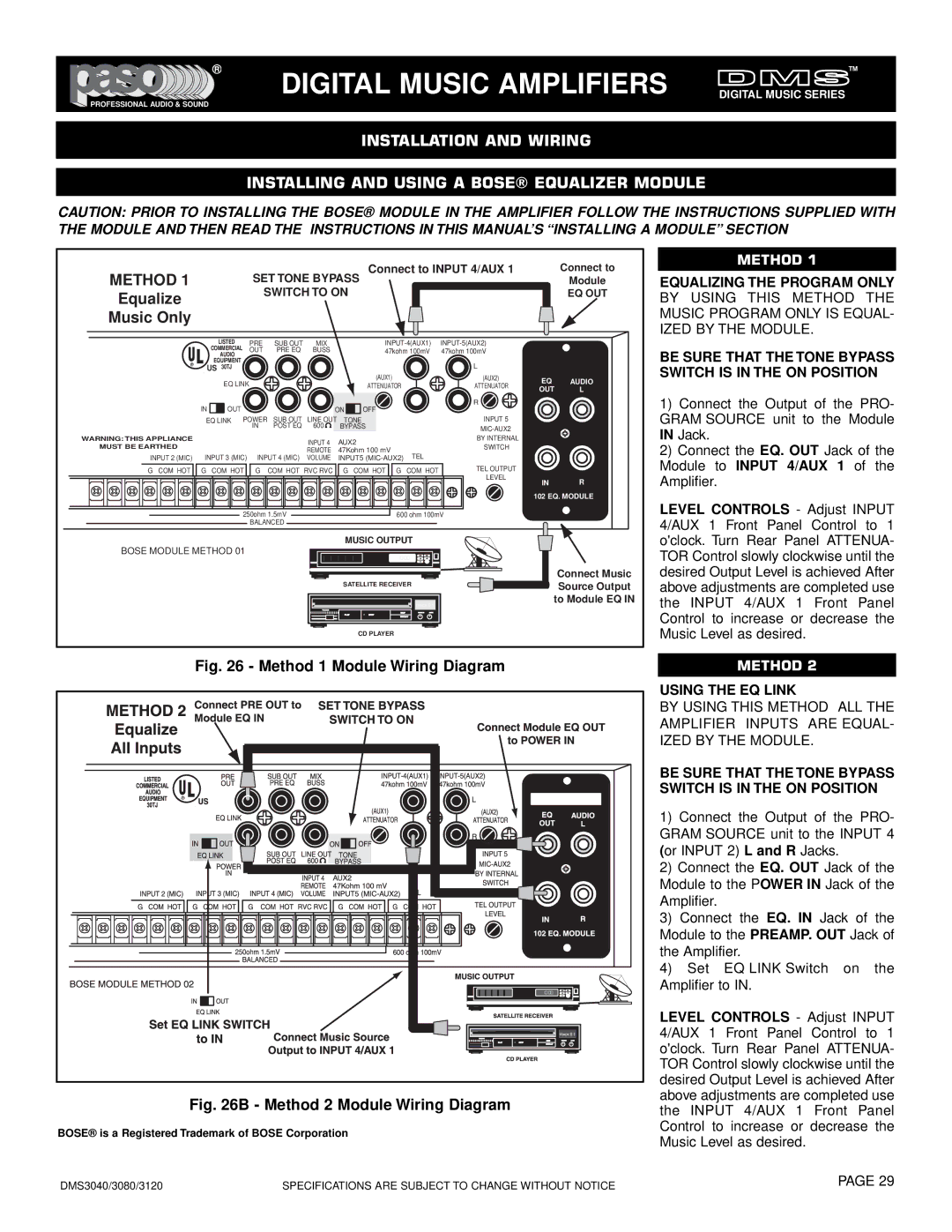 El Paso Chile Company DMS 3080-80 Equalizing the Program only, Be Sure That the Tone Bypass Switch is in the on Position 