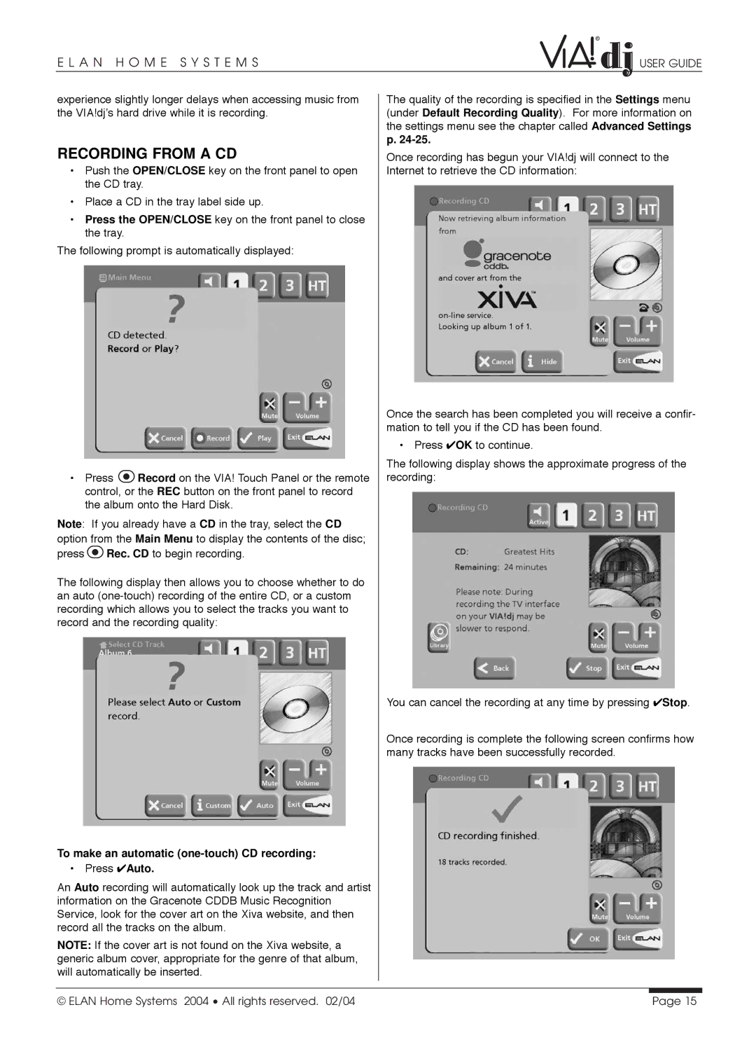 ELAN Home Systems Digital Music Server manual Recording from a CD, To make an automatic one-touch CD recording 