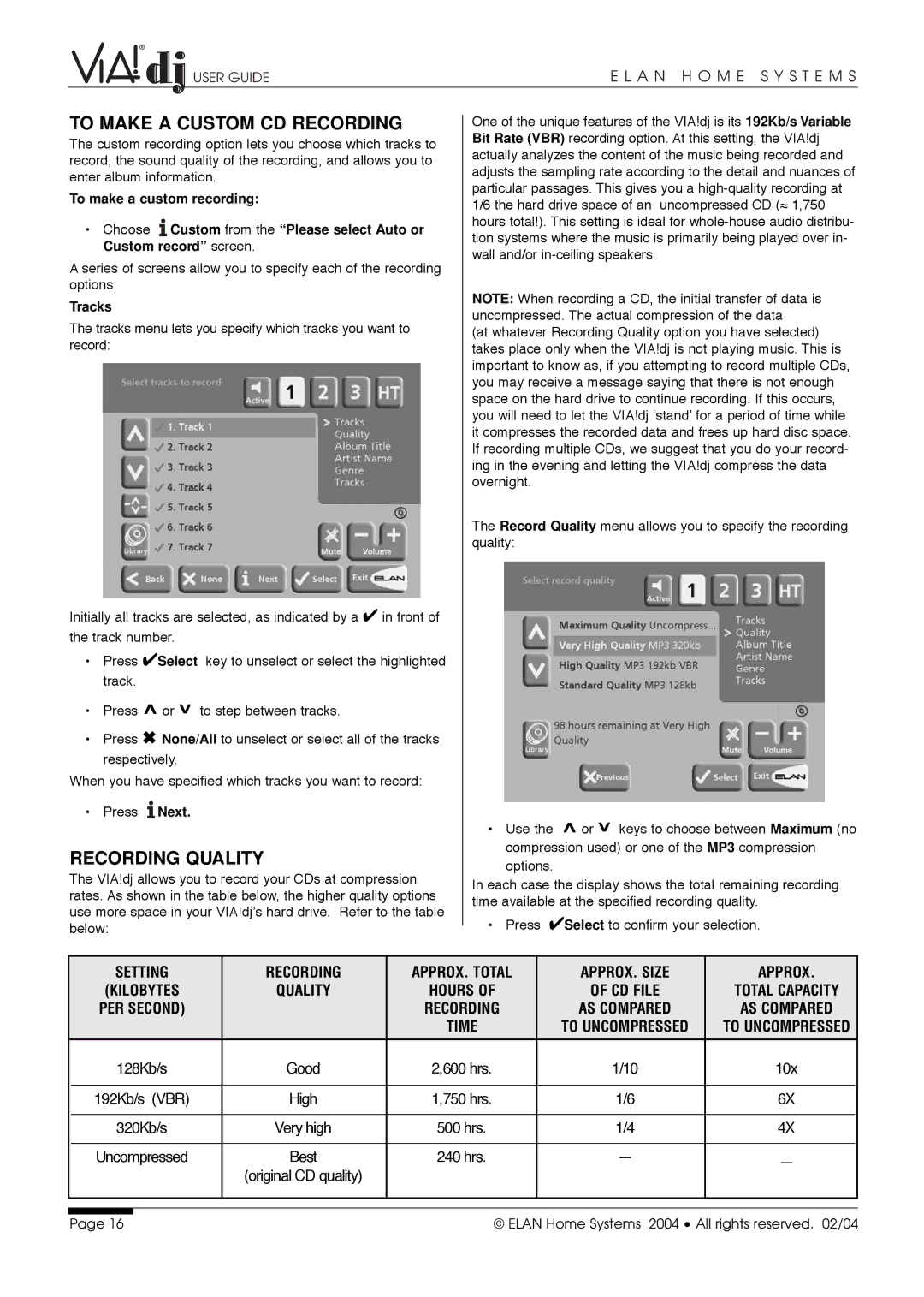 ELAN Home Systems Digital Music Server manual To Make a Custom CD Recording, Recording Quality, CD File, Time 