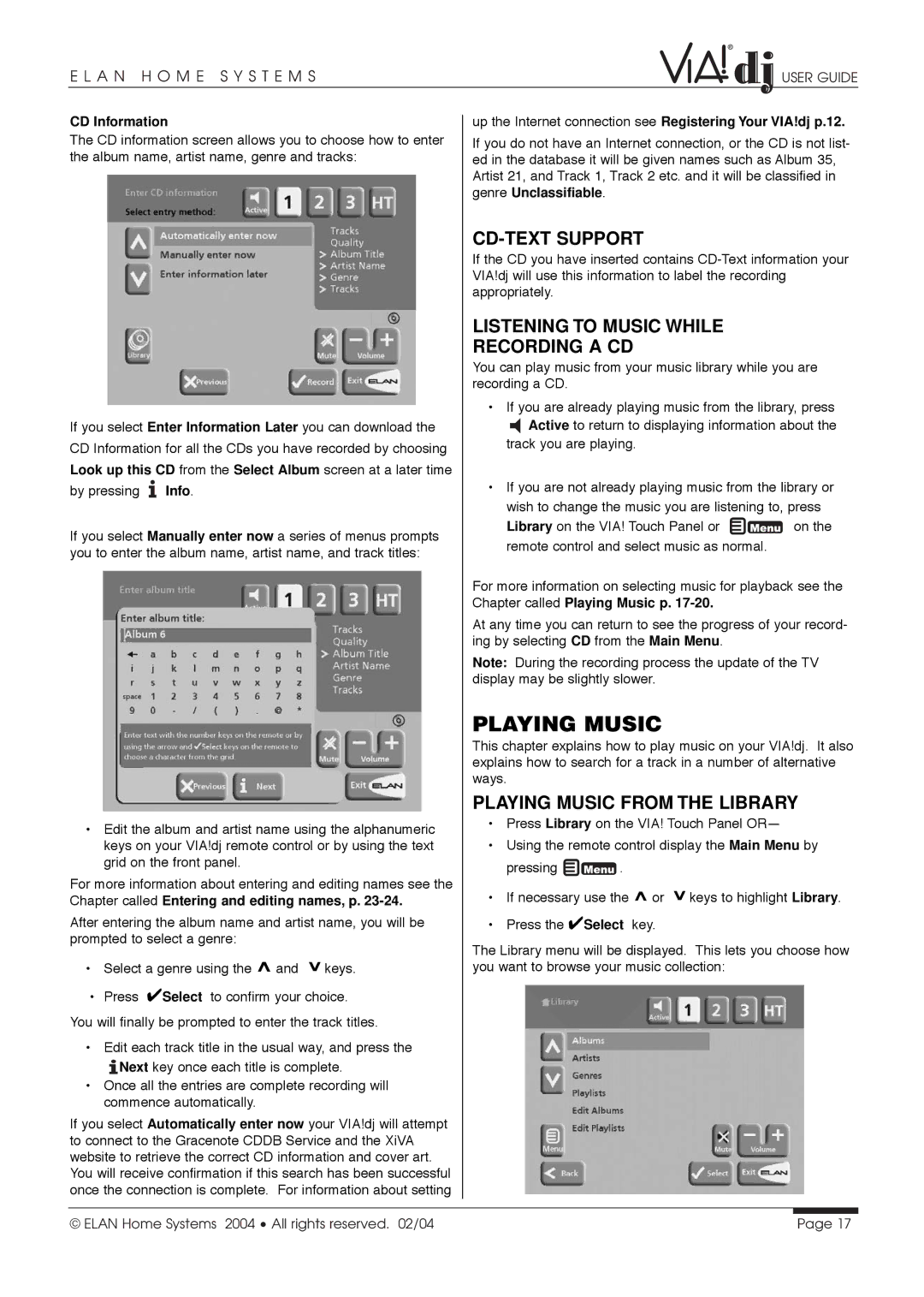 ELAN Home Systems Digital Music Server manual Playing Music, CD-TEXT Support, Listening to Music While Recording a CD 