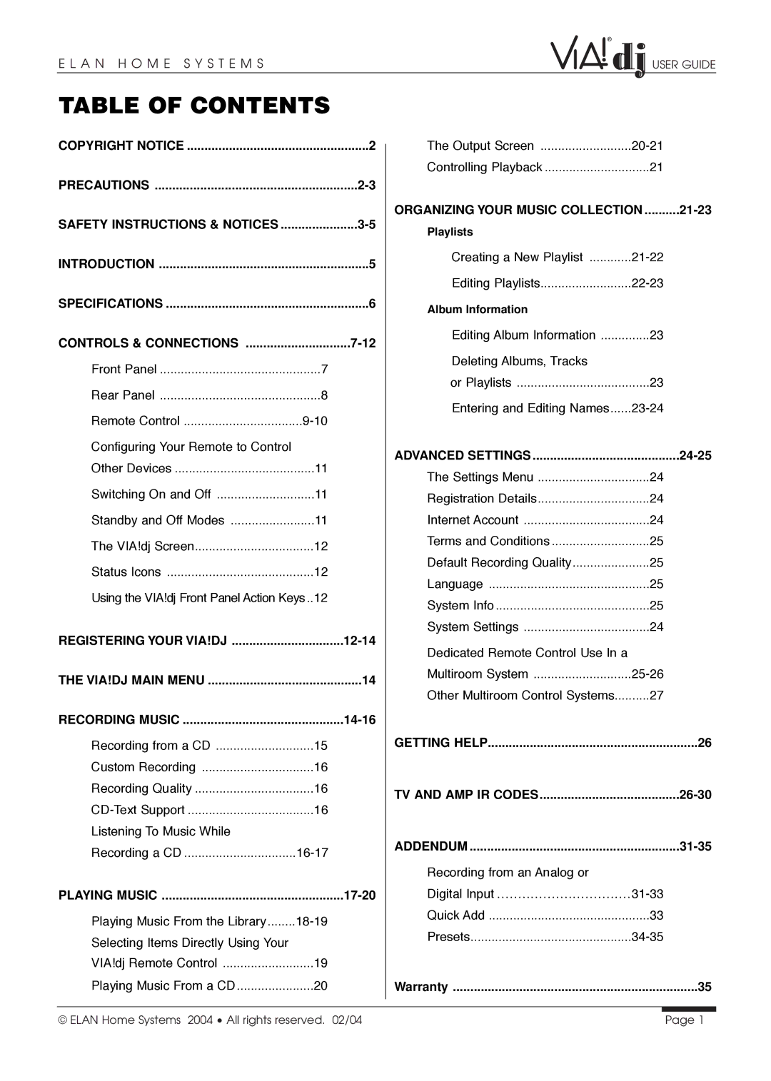 ELAN Home Systems Digital Music Server manual Table of Contents 