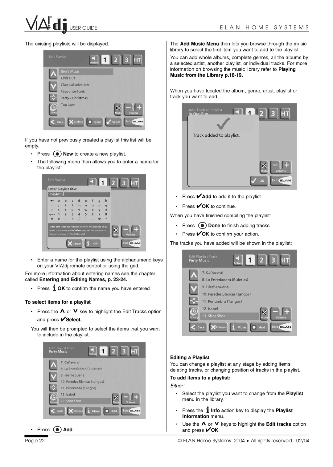 ELAN Home Systems Digital Music Server Music from the Library p.18-19, To select items for a playlist, Editing a Playlist 