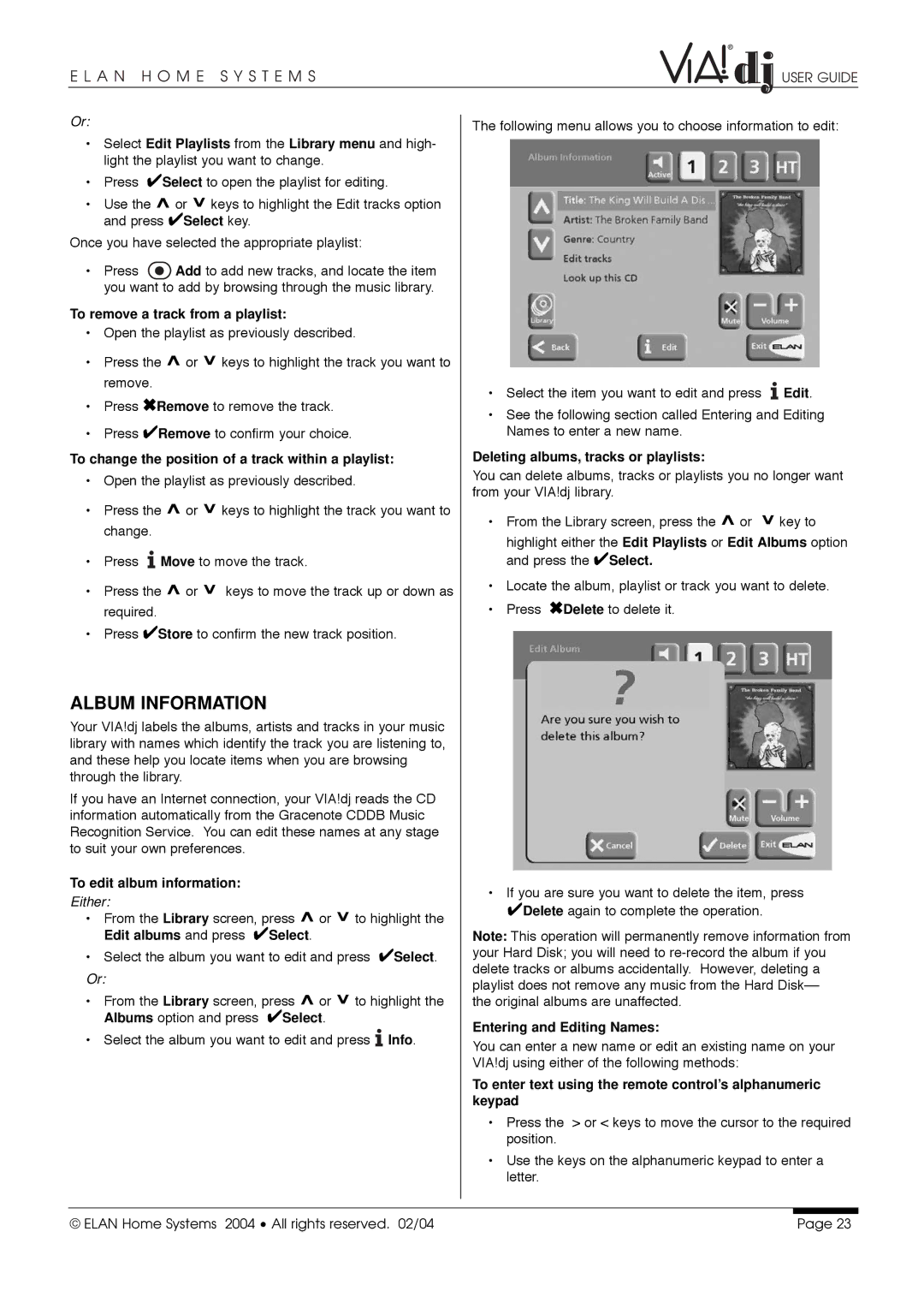 ELAN Home Systems Digital Music Server Album Information, To remove a track from a playlist, Entering and Editing Names 