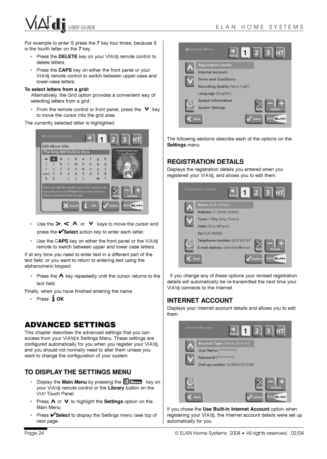 ELAN Home Systems Digital Music Server manual Advanced Settings, To Display the Settings Menu, Registration Details 