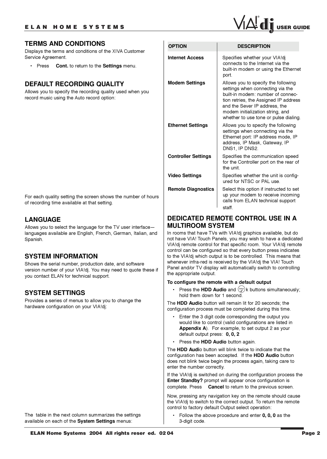 ELAN Home Systems Digital Music Server manual Terms and Conditions, Default Recording Quality, Language, System Information 