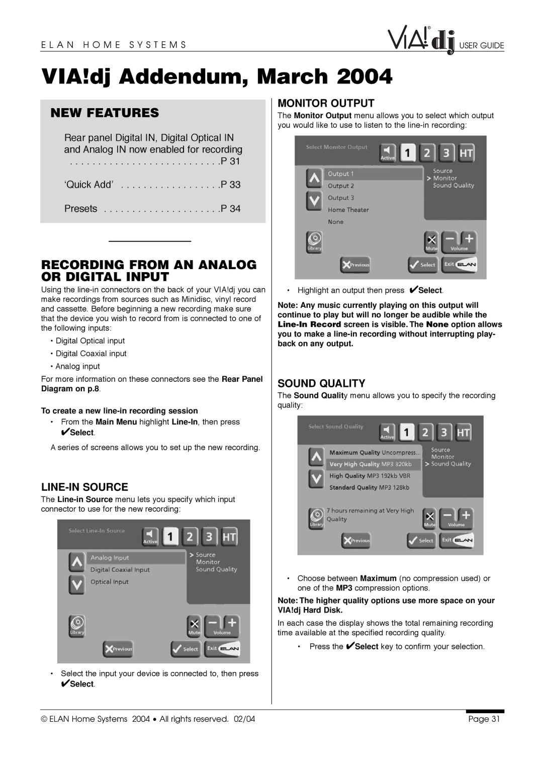 ELAN Home Systems Digital Music Server manual NEW Features, Recording from AN Analog or Digital Input, LINE-IN Source 