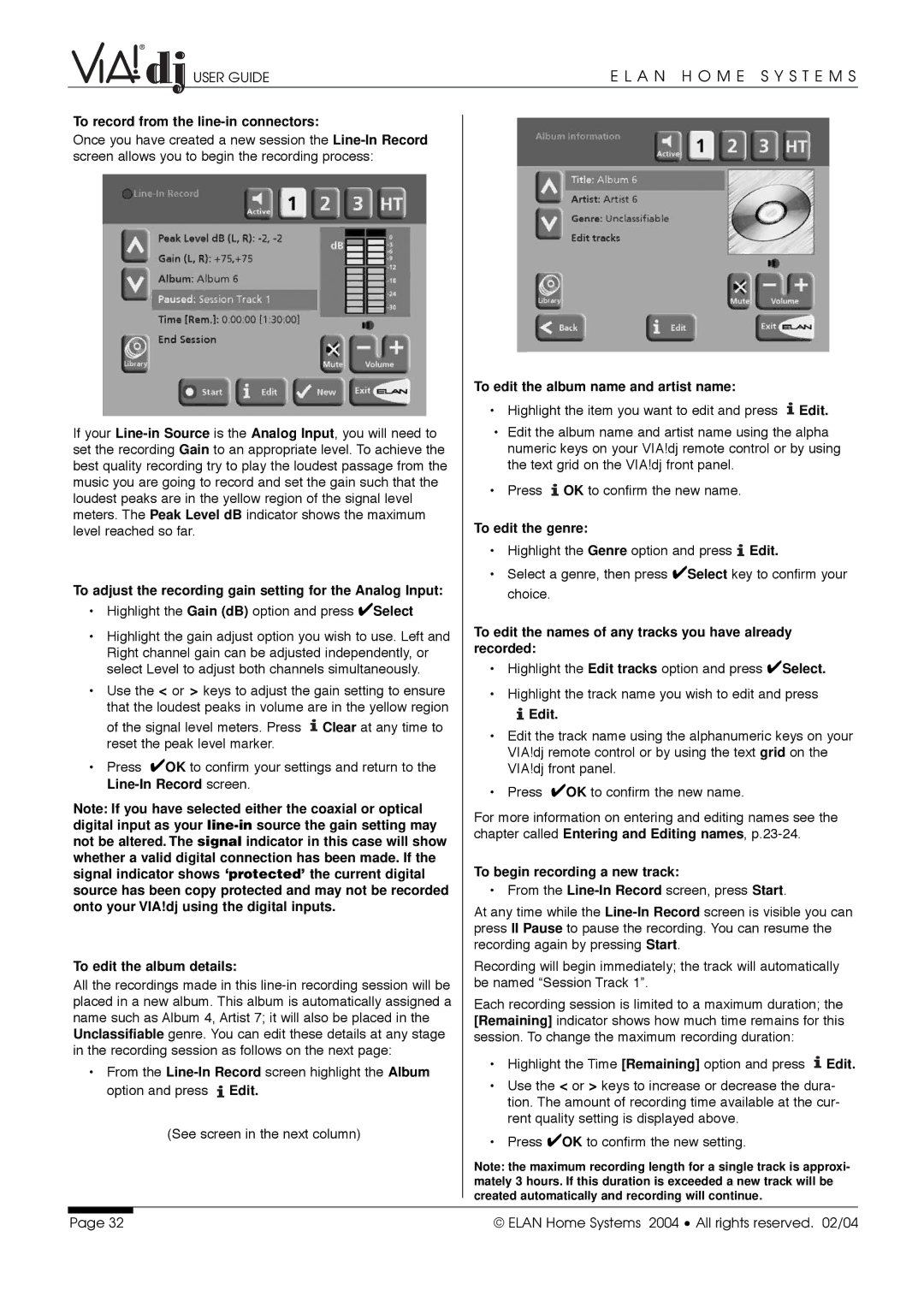 ELAN Home Systems Digital Music Server To record from the line-in connectors, To edit the album details, To edit the genre 