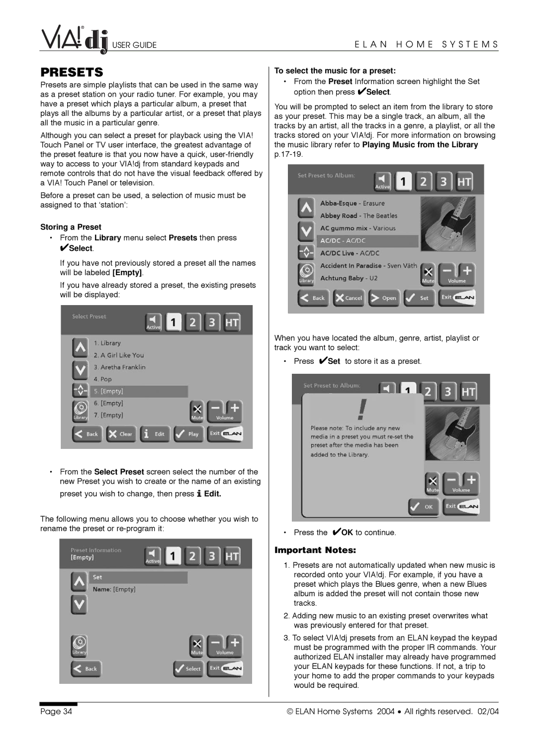 ELAN Home Systems Digital Music Server manual Presets, Storing a Preset, To select the music for a preset 