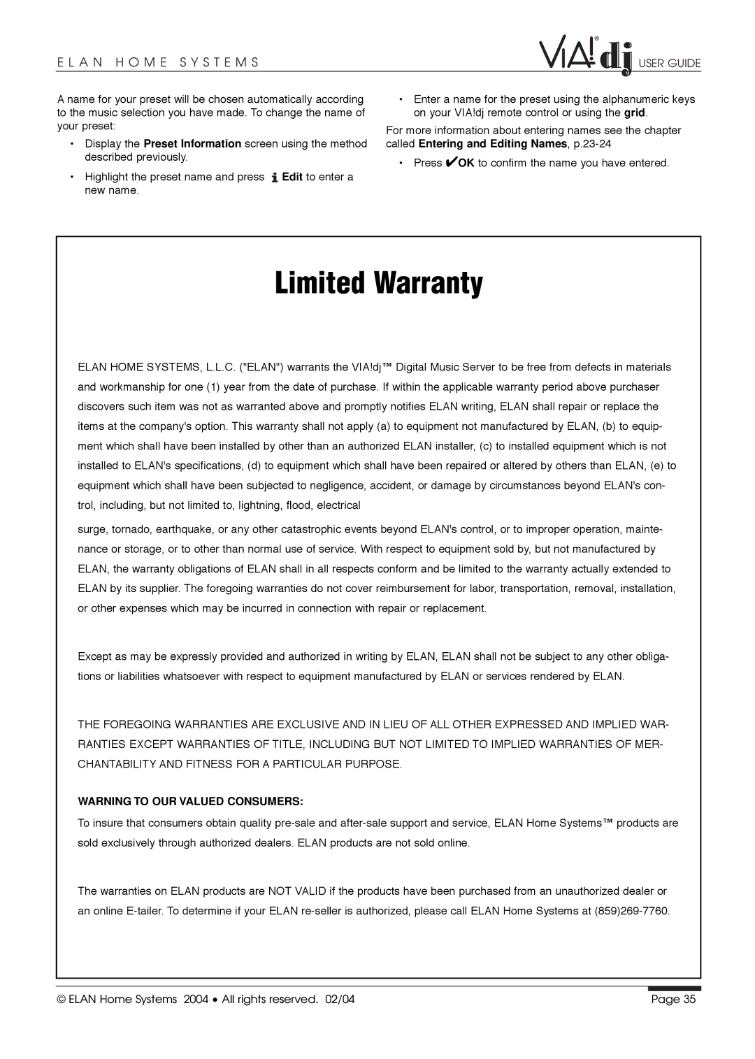 ELAN Home Systems Digital Music Server manual Limited Warranty 