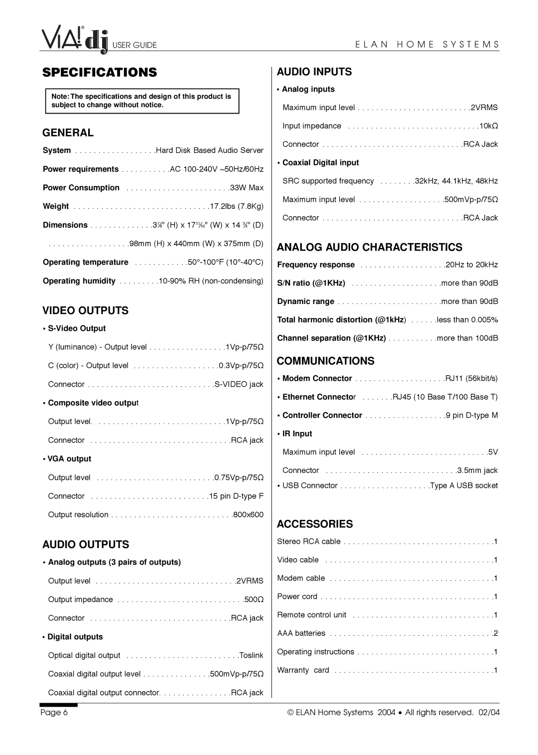 ELAN Home Systems Digital Music Server manual Specifications 